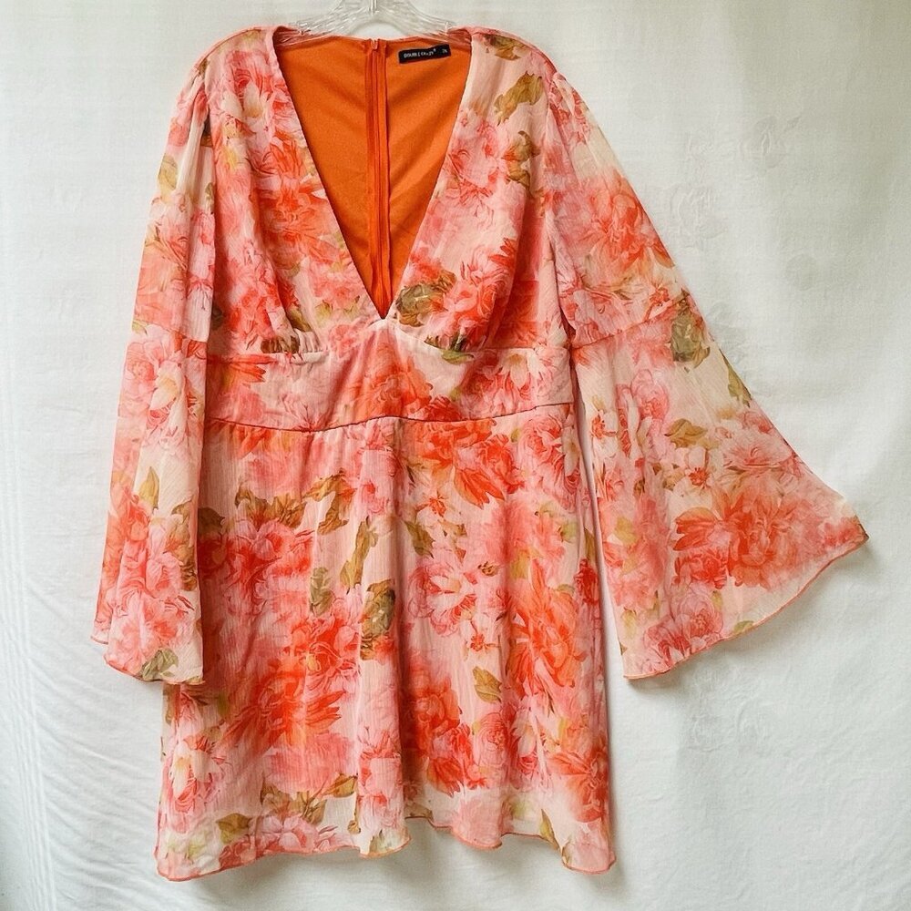Double Crazy‎ Dress Womens 2XL Orange Floral V-Neck Flutter Sleeves Fairy Party